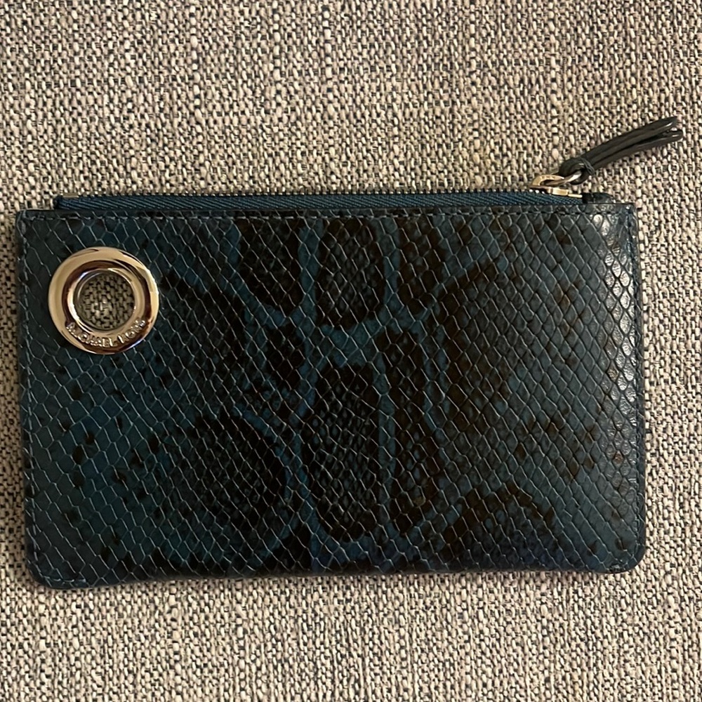 Michael Kors Clutch/Coin Purse Blue and Black Snake Print with Silver Details